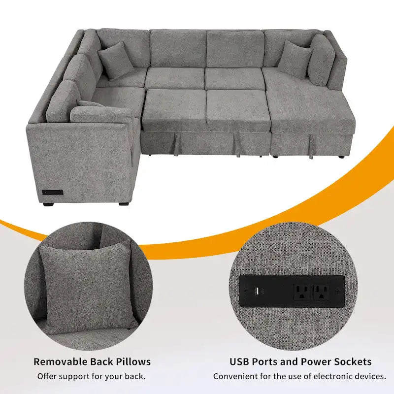 Sofá seccional cama gris en forma de U con almacenamiento, puertos USB y cojines traseros – Capacidad para más de 6 personas