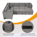 Sofá seccional cama gris en forma de U con almacenamiento, puertos USB y cojines traseros – Capacidad para más de 6 personas