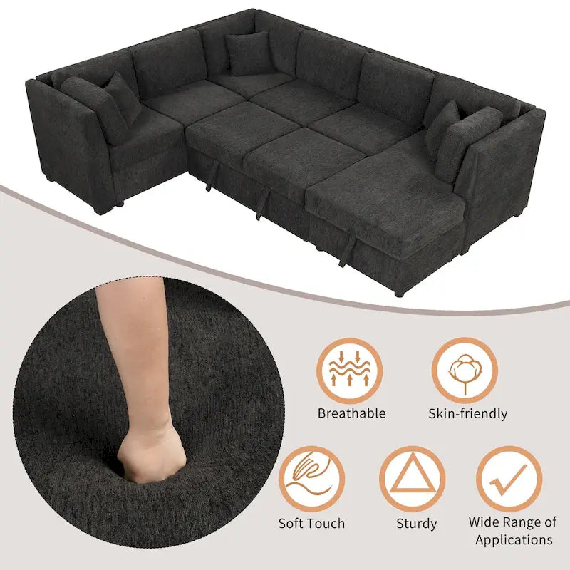 Sofá seccional cama gris en forma de U con almacenamiento, puertos USB y cojines traseros – Capacidad para más de 6 personas