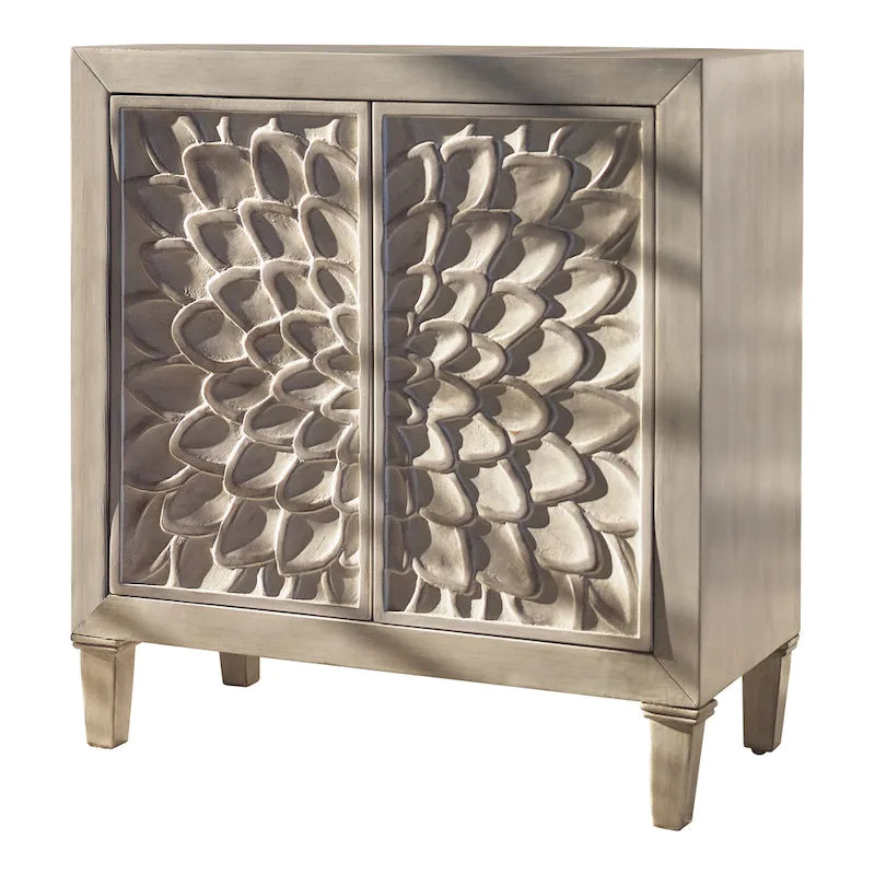 Gabinete blanco con acentos de madera floral – 2 puertas, 3 estantes