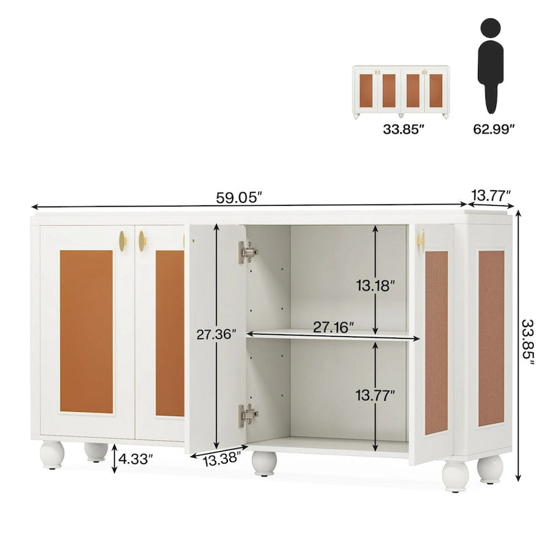 Aparador bufé de 4 puertas blanco/naranja, para 1 persona, sala de estar y comedor