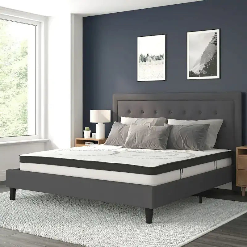 Cama de plataforma tapizada gris oscuro/gris claro/negro/beige con colchón de muelles ensacados de 25 cm - Twin, Full, Queen, King