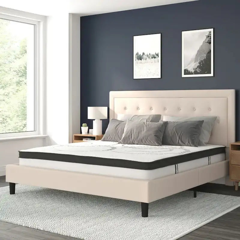 Cama de plataforma tapizada gris oscuro/gris claro/negro/beige con colchón de muelles ensacados de 25 cm - Twin, Full, Queen, King