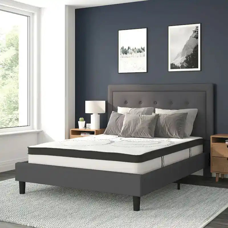 Cama de plataforma tapizada gris oscuro/gris claro/negro/beige con colchón de muelles ensacados de 25 cm - Twin, Full, Queen, King