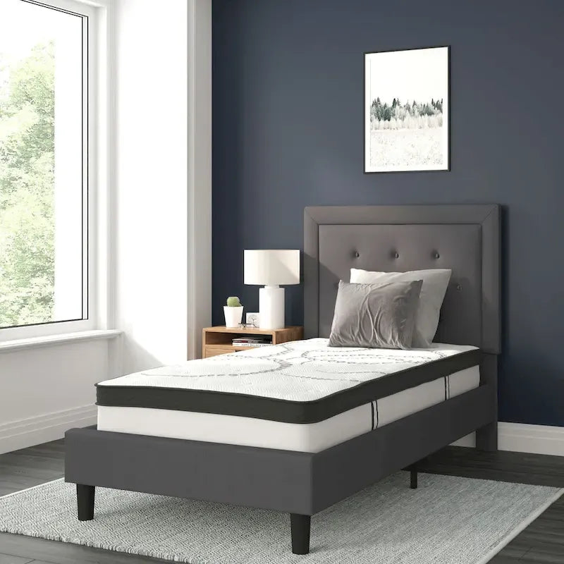 Cama de plataforma tapizada gris oscuro/gris claro/negro/beige con colchón de muelles ensacados de 25 cm - Twin, Full, Queen, King