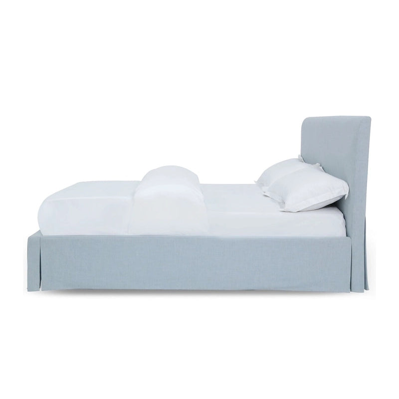 Cama tapizada color azul cielo con faldón, Para 1-2 personas, Matrimonial/Queen/King/California King