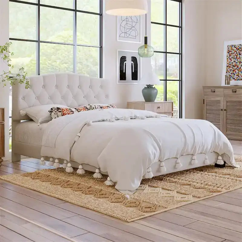 Cama plataforma tapizada capitoné gris - Matrimonial / Queen / King