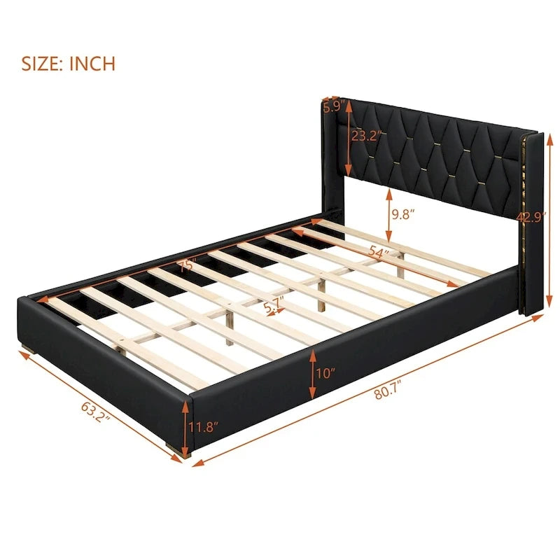 Base de cama de plataforma tapizada en PU de tamaño completo - Negro / Blanco roto