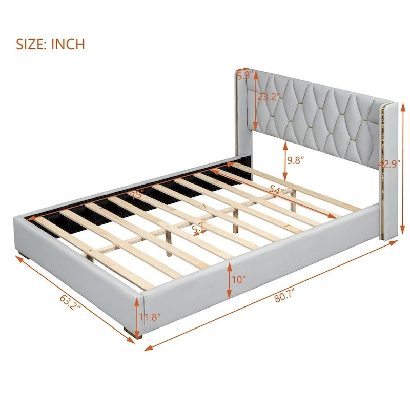 Base de cama de plataforma tapizada en PU de tamaño completo - Negro / Blanco roto