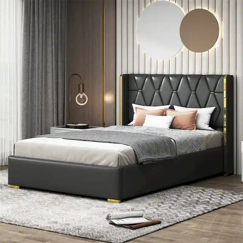 Base de cama de plataforma tapizada en PU de tamaño completo - Negro / Blanco roto