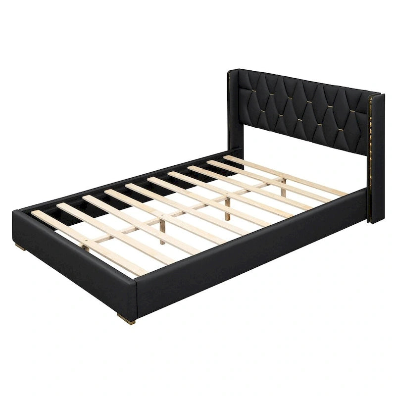 Base de cama de plataforma tapizada en PU de tamaño completo - Negro / Blanco roto