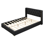 Base de cama de plataforma tapizada en PU de tamaño completo - Negro / Blanco roto