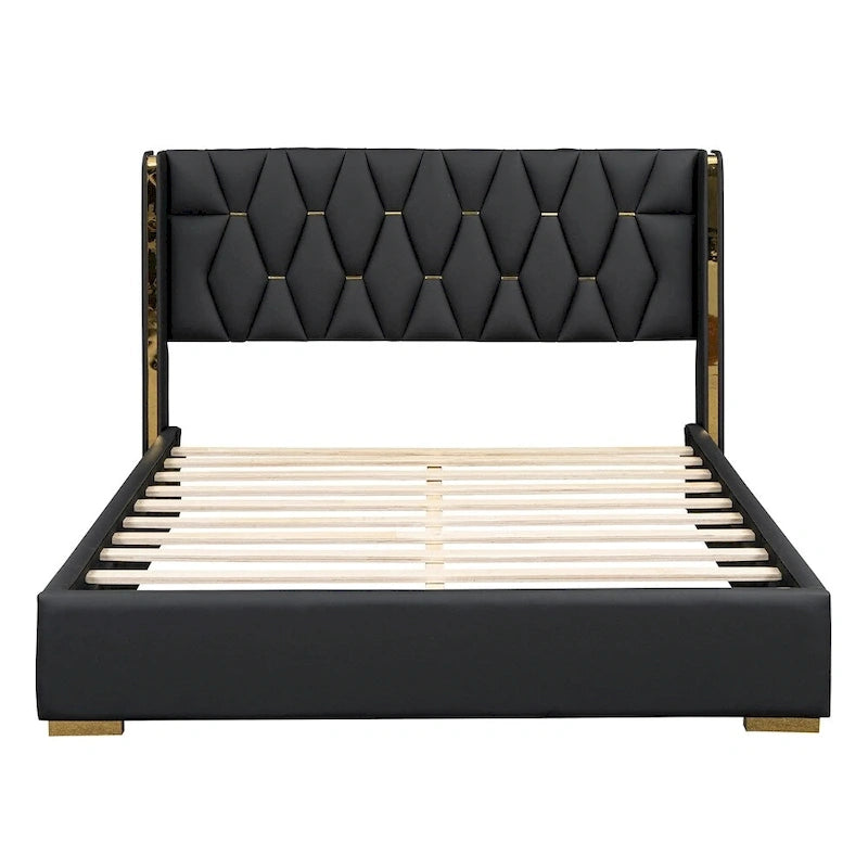 Base de cama de plataforma tapizada en PU de tamaño completo - Negro / Blanco roto