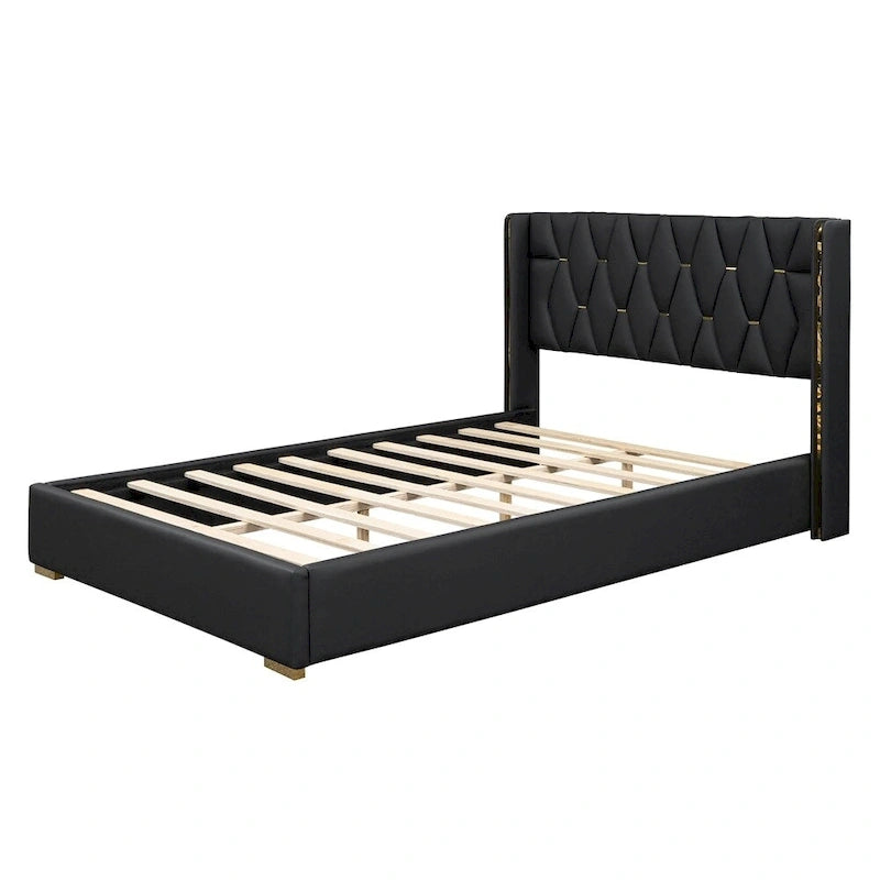 Base de cama de plataforma tapizada en PU de tamaño completo - Negro / Blanco roto