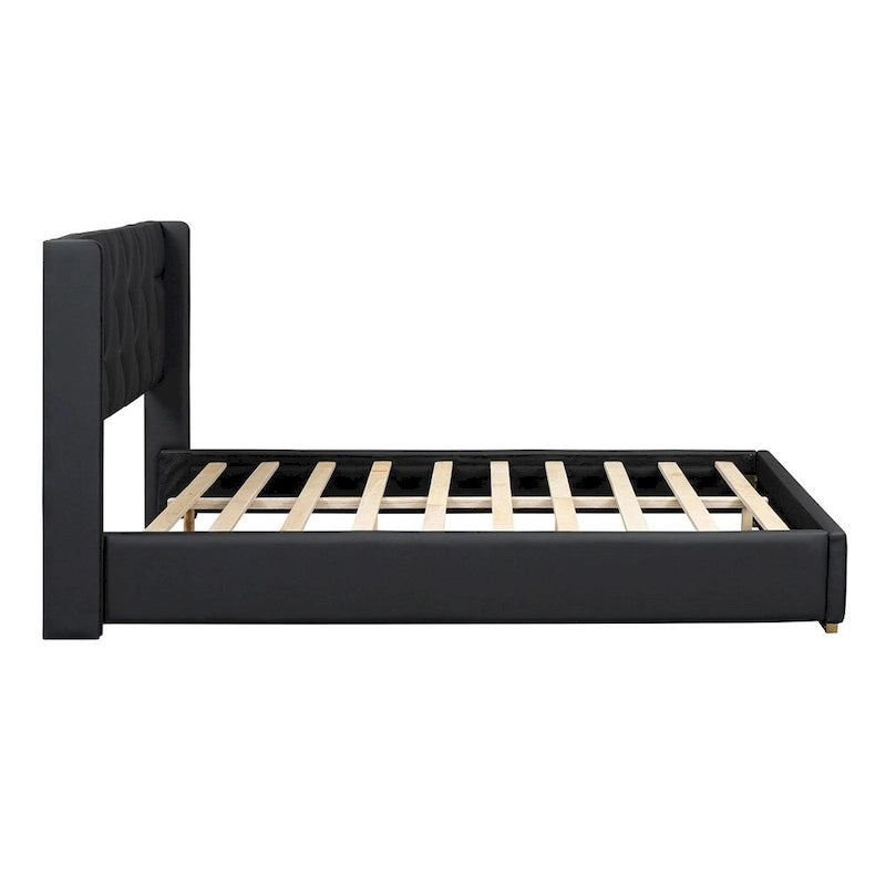 Base de cama de plataforma tapizada en PU de tamaño completo - Negro / Blanco roto