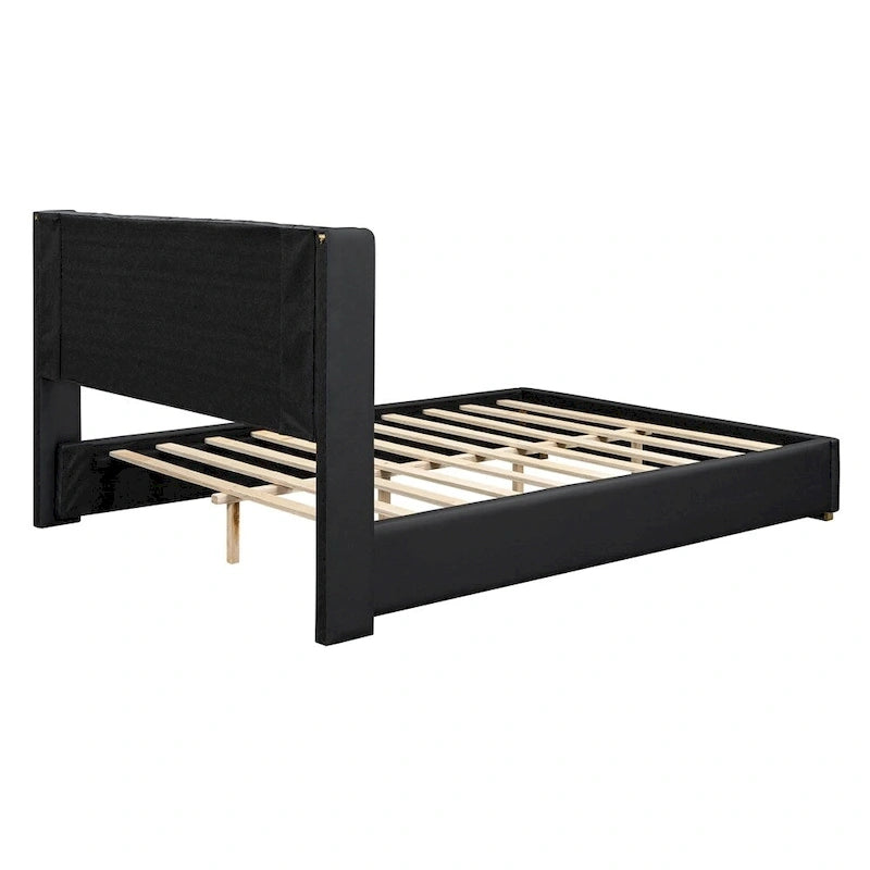 Base de cama de plataforma tapizada en PU de tamaño completo - Negro / Blanco roto