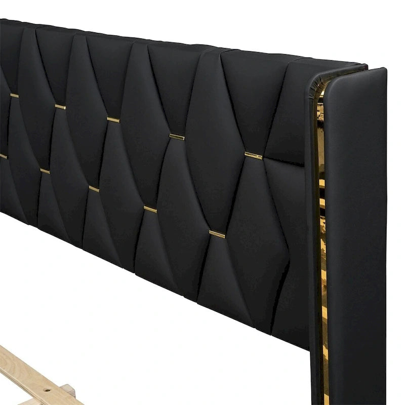 Base de cama de plataforma tapizada en PU de tamaño completo - Negro / Blanco roto