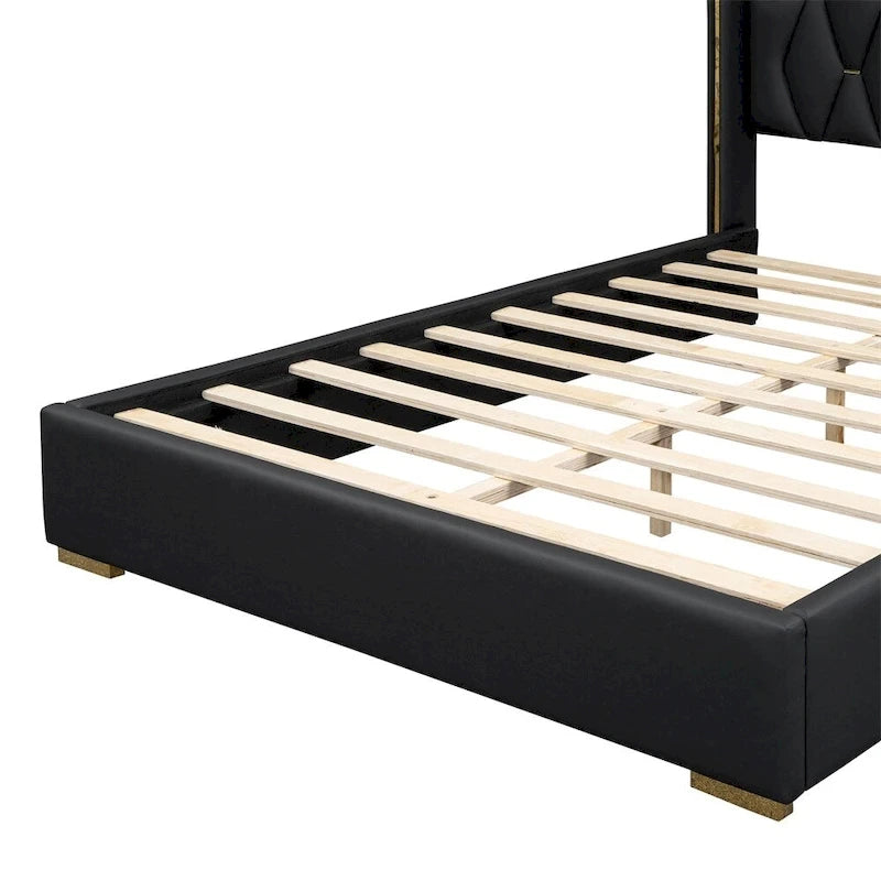 Base de cama de plataforma tapizada en PU de tamaño completo - Negro / Blanco roto