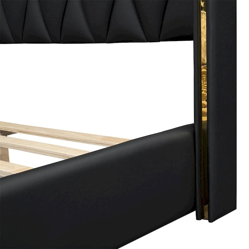 Base de cama de plataforma tapizada en PU de tamaño completo - Negro / Blanco roto