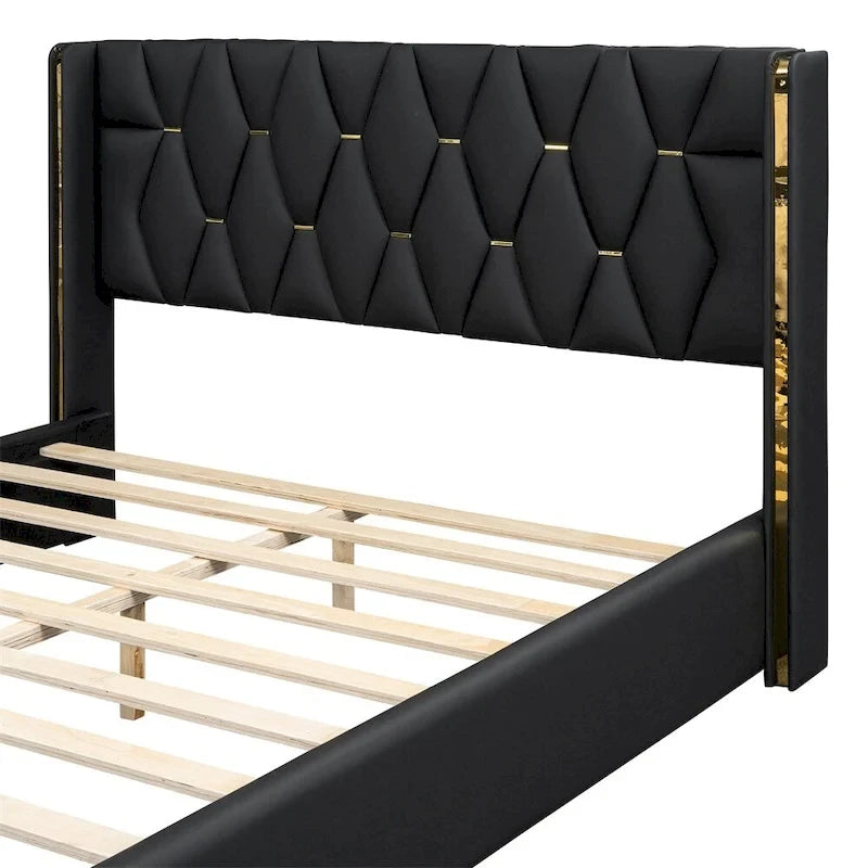 Base de cama de plataforma tapizada en PU de tamaño completo - Negro / Blanco roto