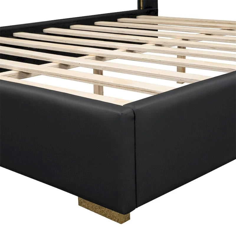Base de cama de plataforma tapizada en PU de tamaño completo - Negro / Blanco roto