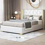 Base de cama de plataforma tapizada en PU de tamaño completo - Negro / Blanco roto