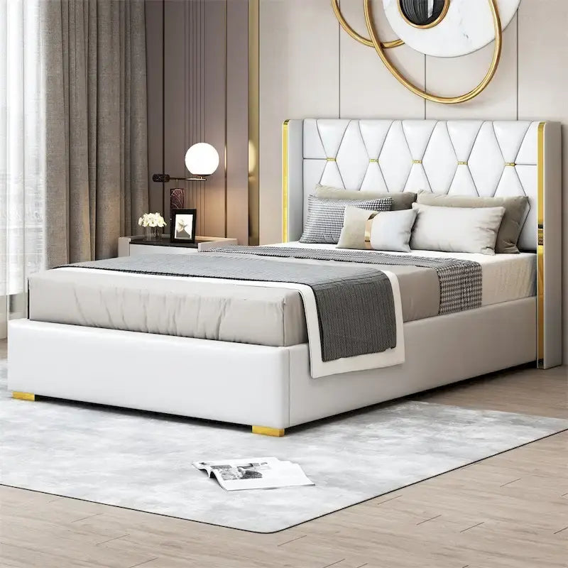 Base de cama de plataforma tapizada en PU de tamaño completo - Negro / Blanco roto