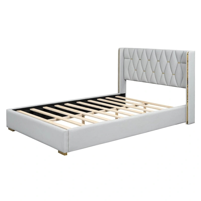 Base de cama de plataforma tapizada en PU de tamaño completo - Negro / Blanco roto