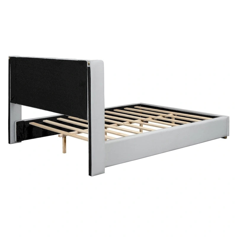 Base de cama de plataforma tapizada en PU de tamaño completo - Negro / Blanco roto