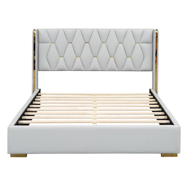 Base de cama de plataforma tapizada en PU de tamaño completo - Negro / Blanco roto
