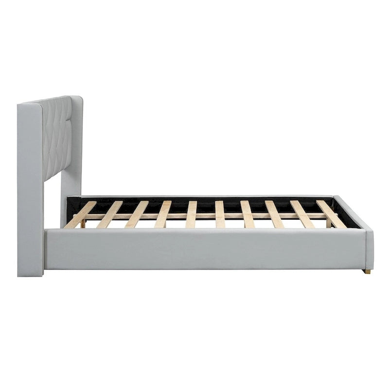 Base de cama de plataforma tapizada en PU de tamaño completo - Negro / Blanco roto