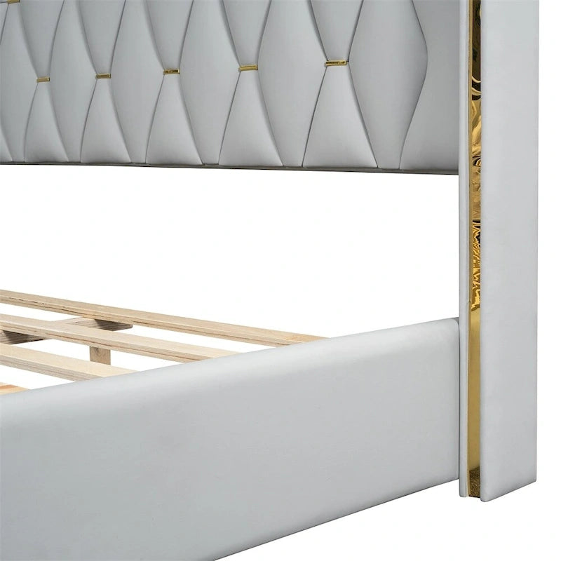 Base de cama de plataforma tapizada en PU de tamaño completo - Negro / Blanco roto