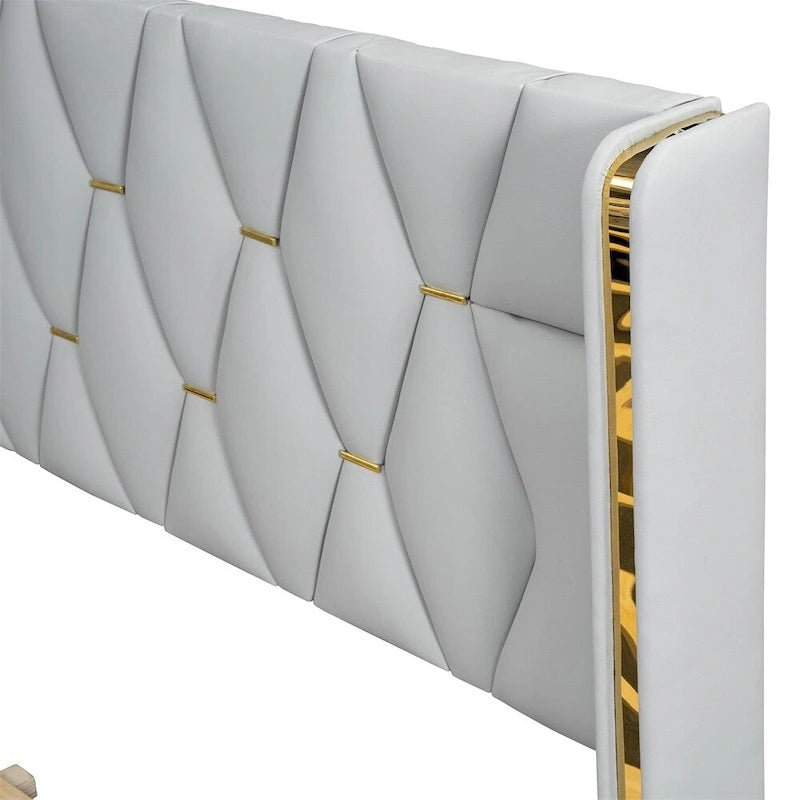 Base de cama de plataforma tapizada en PU de tamaño completo - Negro / Blanco roto