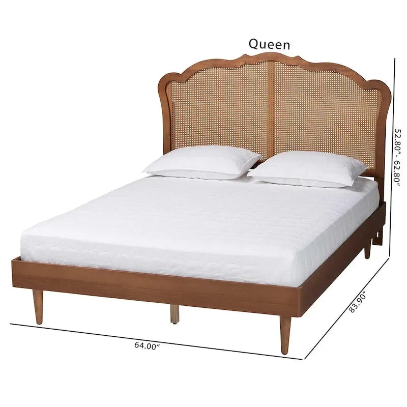 Cama de plataforma de nogal marrón de mediados de siglo con cabecero de ratán – Queen/King