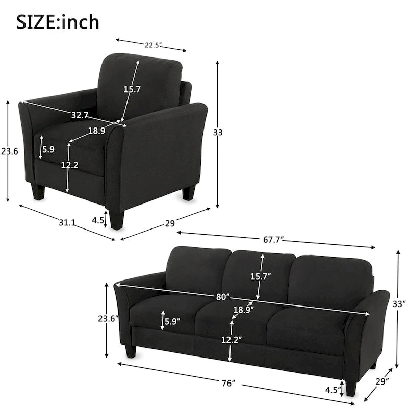 Juego de sofá de tela, gris claro / gris / negro, 2 piezas, 4 plazas