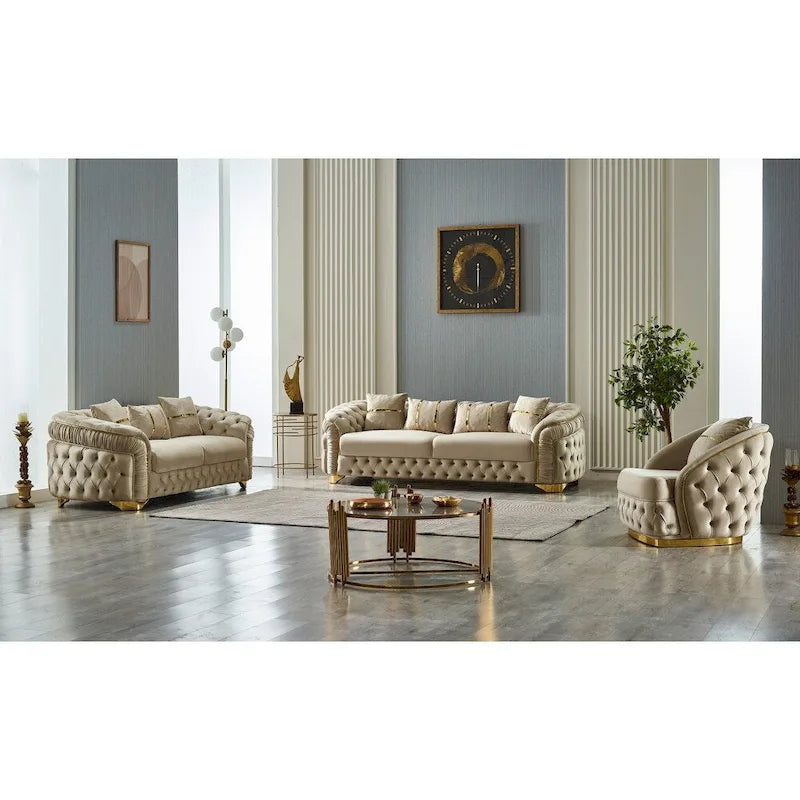 Juego de sofá Chester capitoné beige/antracita, 3 piezas (sofá + sofá de dos plazas + sillón)