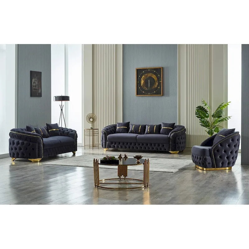 Juego de sofá Chester capitoné beige/antracita, 3 piezas (sofá + sofá de dos plazas + sillón)