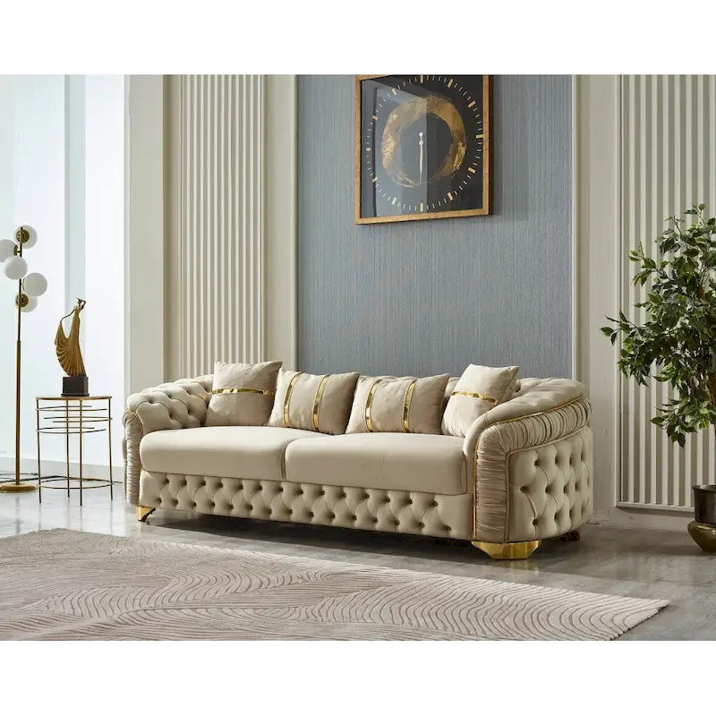 Juego de sofá Chester capitoné beige/antracita, 3 piezas (sofá + sofá de dos plazas + sillón)