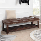 Banco tapizado marrón/negro con patas de madera, 2 plazas