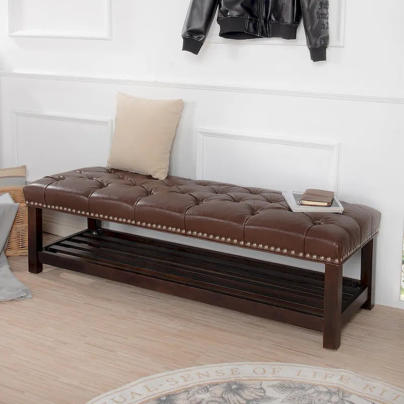 Banco tapizado marrón/negro con patas de madera, 2 plazas