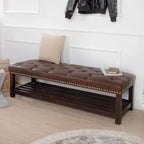 Banco tapizado marrón/negro con patas de madera, 2 plazas