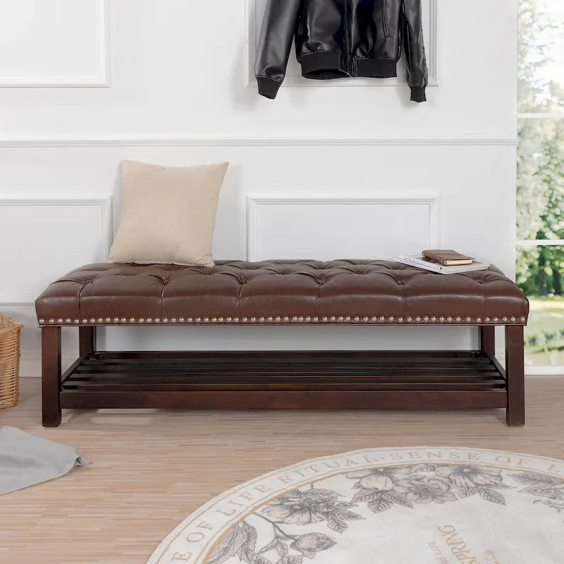 Banco tapizado marrón/negro con patas de madera, 2 plazas