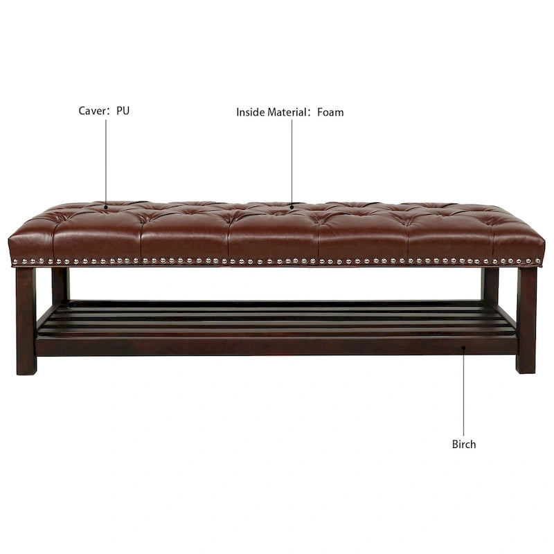 Banco tapizado marrón/negro con patas de madera, 2 plazas
