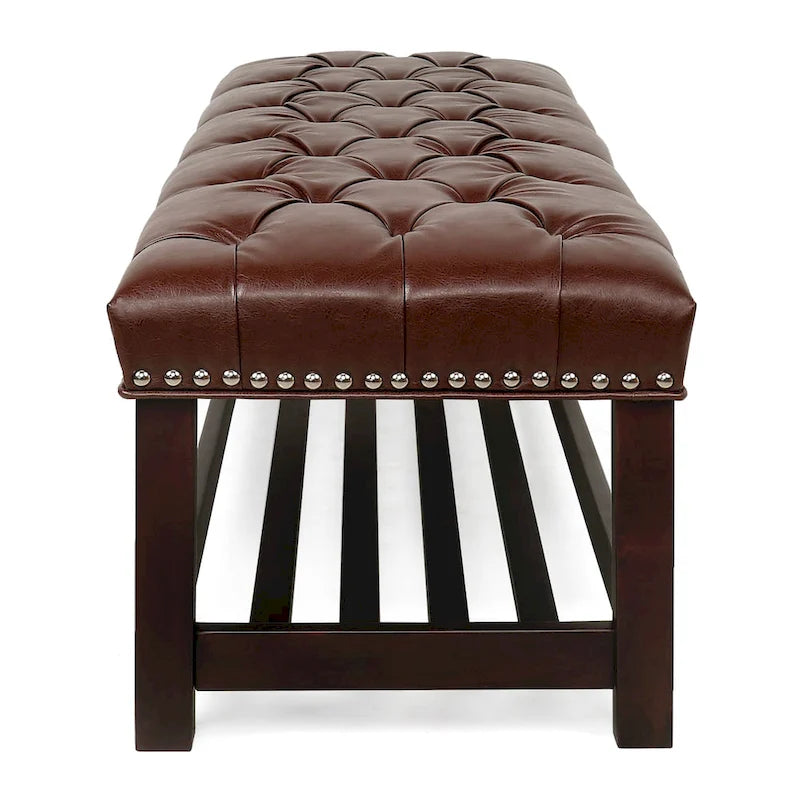 Banco tapizado marrón/negro con patas de madera, 2 plazas