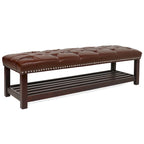 Banco tapizado marrón/negro con patas de madera, 2 plazas