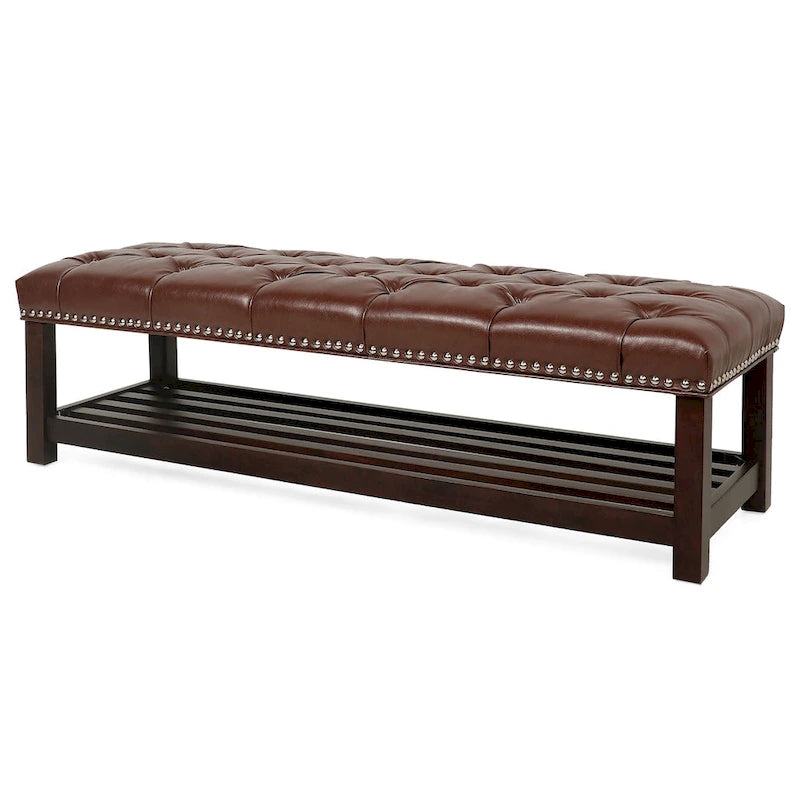 Banco tapizado marrón/negro con patas de madera, 2 plazas