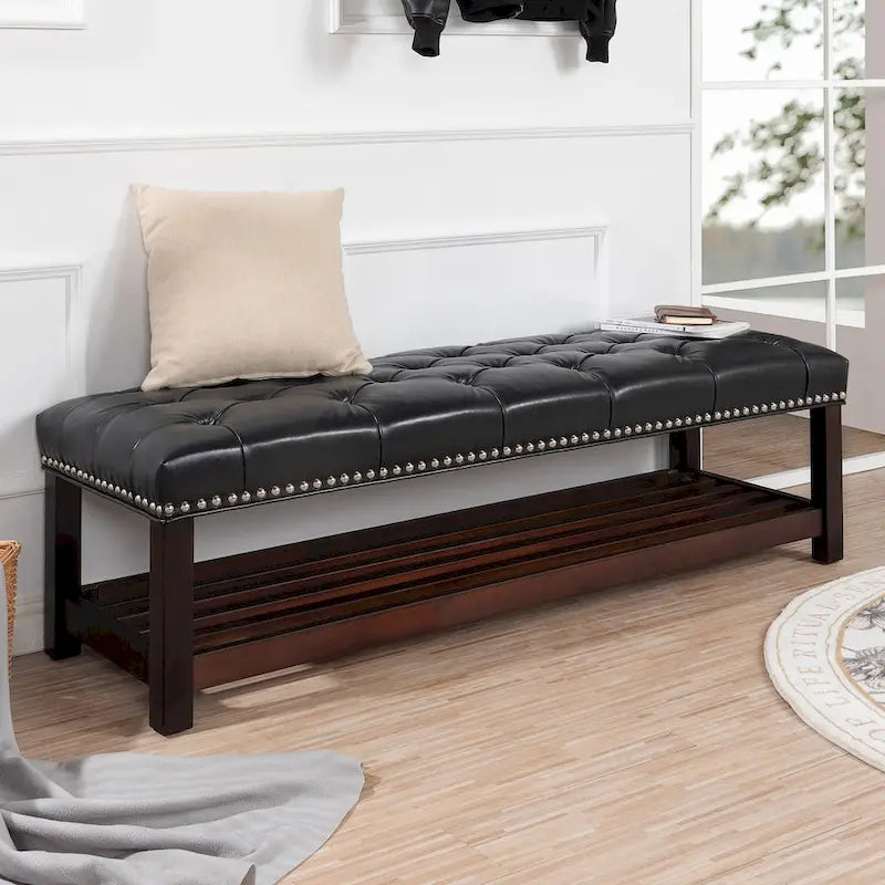 Banco tapizado marrón/negro con patas de madera, 2 plazas