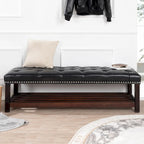 Banco tapizado marrón/negro con patas de madera, 2 plazas