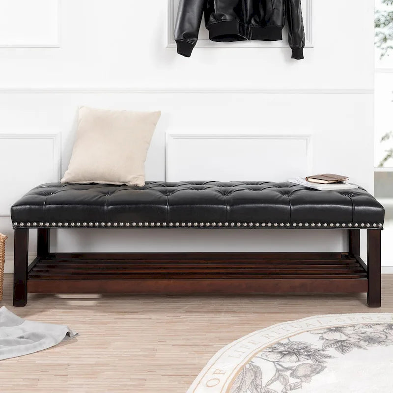 Banco tapizado marrón/negro con patas de madera, 2 plazas