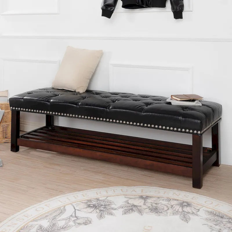 Banco tapizado marrón/negro con patas de madera, 2 plazas